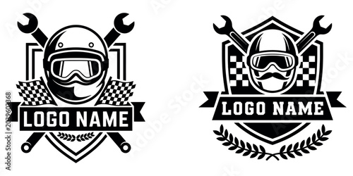 Foto Set of vintage motorcycle racing emblems featuring helmets, checkered flags, and crossed wrenches