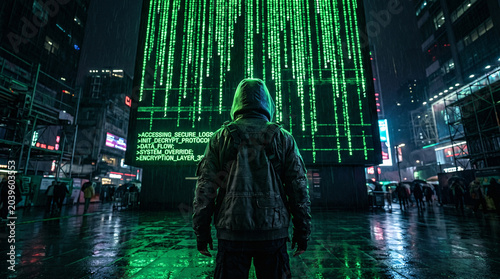 A mysterious hooded figure stands facing a massive glowing screen displaying complex green digital code in a cinematic style with high contrast and sharp focus.