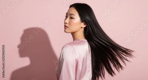 Asian woman with long dark hair in pink satin top