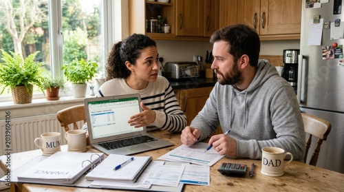 Couple managing household finances, discussing budget details, planning future expenses with laptop, reviewing financial documents, domestic economic strategy