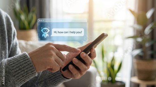 Close up of person using mobile phone to interact with ai chatbot window showing virtual assistant helping user with customer service and smart automated support