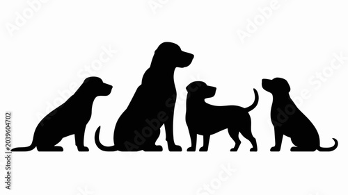 Four black dog silhouettes sitting and standing in a row