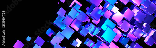 Quadro su tela Technology banner with 3D cubes in space, abstract widescreen futuristic geometric background with purple blue glowing cubes on black, and copy space for text