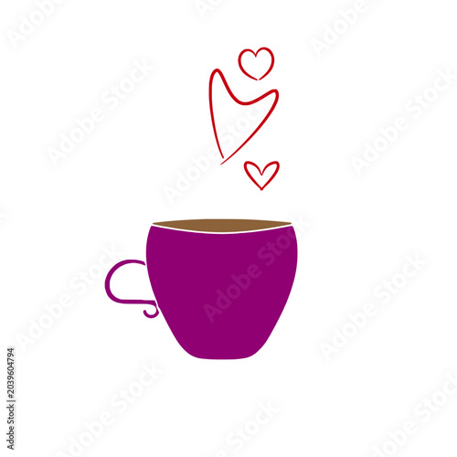 Tea or coffee cup vector illustration with floating hearts icons, coffee cup icon