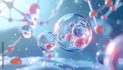3d rendering of collagen bubbles on molecular background illustrating cosmetic oil liquid and skincare innovation concepts. health