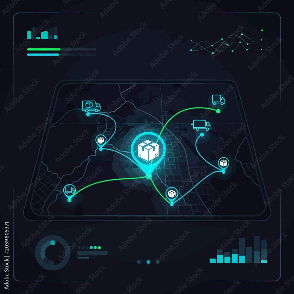 Obraz premium Logistics and transportation network map on a digital screen with glowing blue and green lines