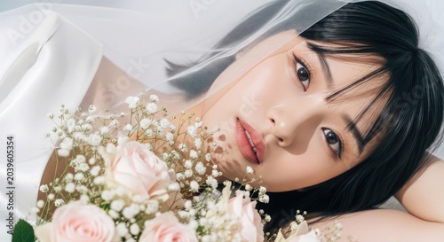 Asian bride with bouquet of flowers
