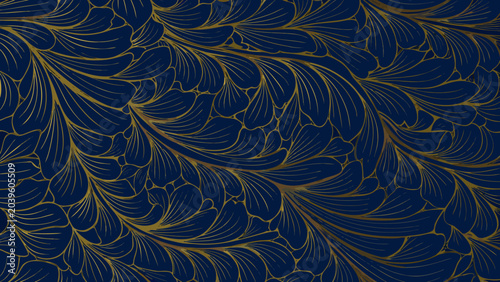 seamless pattern of flowing organic shapes in navy blue and gold design ornamental abstract artistic graphic vector illustration background decorative modern