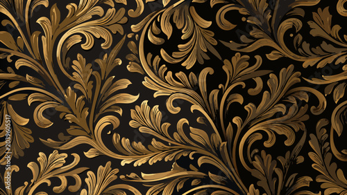 ornate floral pattern in gold on black background baroque scrollwork design vector illustration decorative artistic elegant luxury classical repeating motif texture