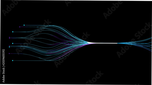 converging lines on black background flow stream pathway connection network intersection graphic design abstract art visual pattern curve line dot endpoint