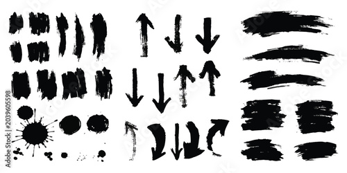 Fotografía Set of black ink brush strokes arrows and paint splatters for design elements