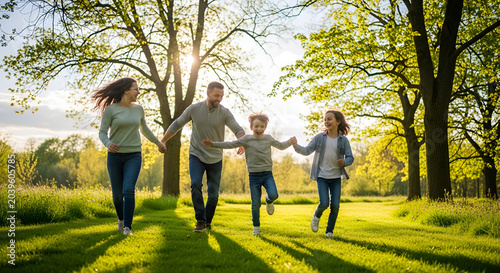 Happy young family holding hands and running together on a lush green grass field in a sunny spring forest park.