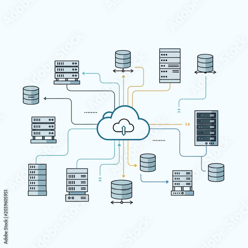 Cloud computing network infrastructure with servers and databases