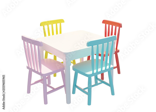 Colorful children's table and chairs isolated on transparent background