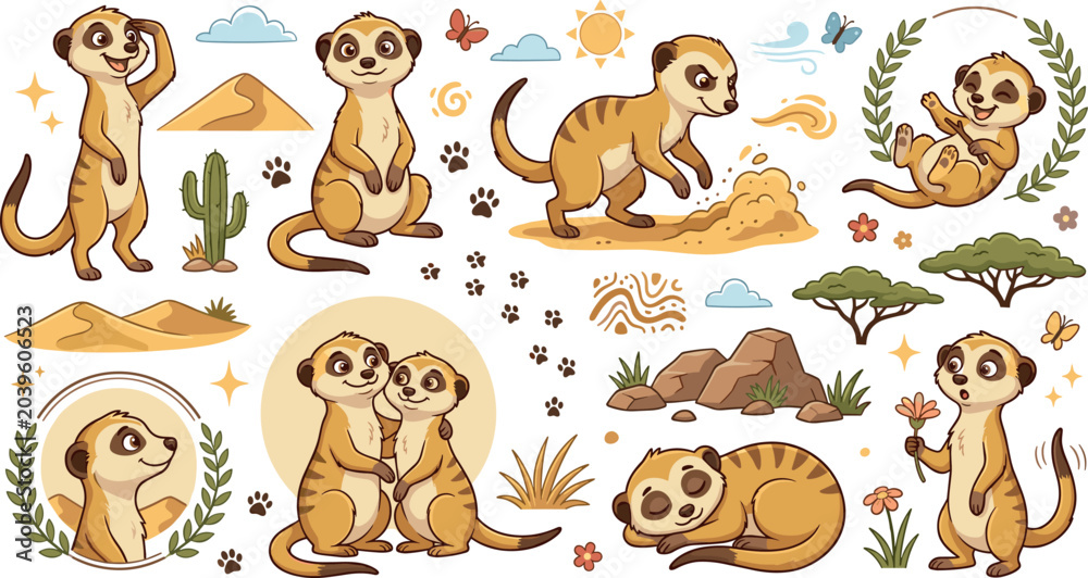 Obraz premium Cute cartoon meerkat character vector set with desert safari nature elements stickers badges icons isolated on white