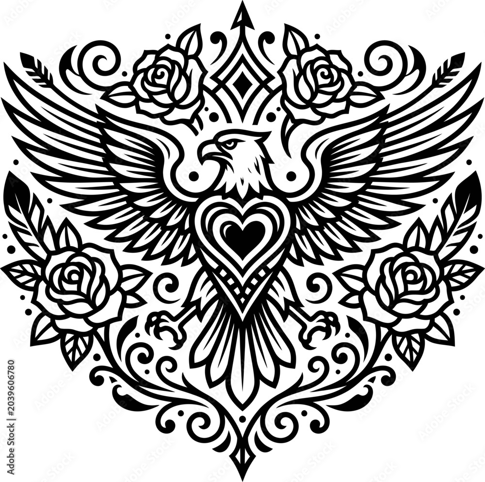 Fototapeta premium Elegant Black and White Dove with Heart and Floral Ornament Vector Illustration. Intricate monochrome dove illustration with heart and decorative roses in ornate design.