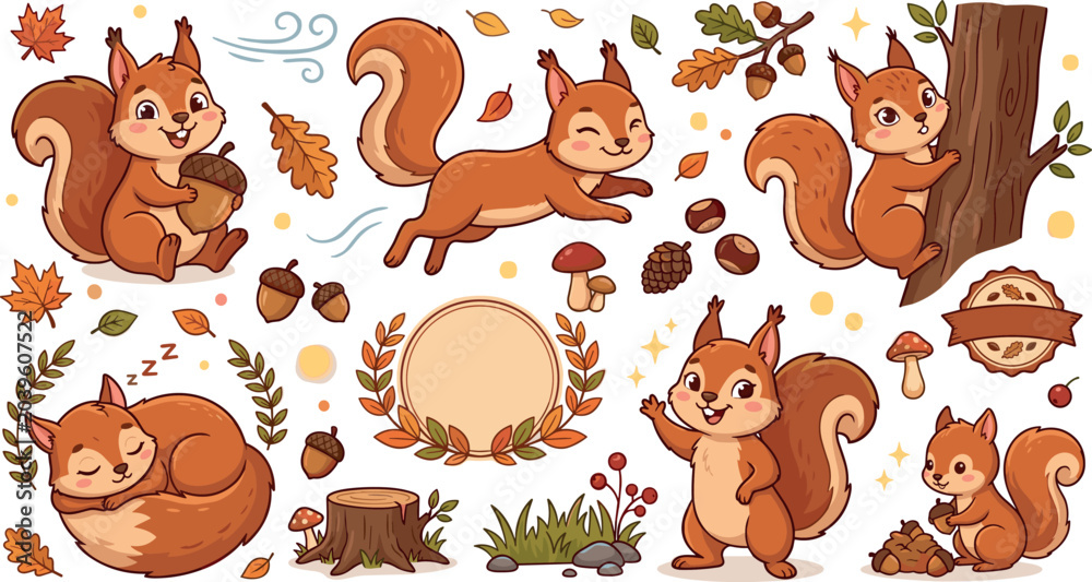 Obraz premium Cute cartoon squirrel character vector set with autumn woodland forest elements stickers badges icons isolated on white