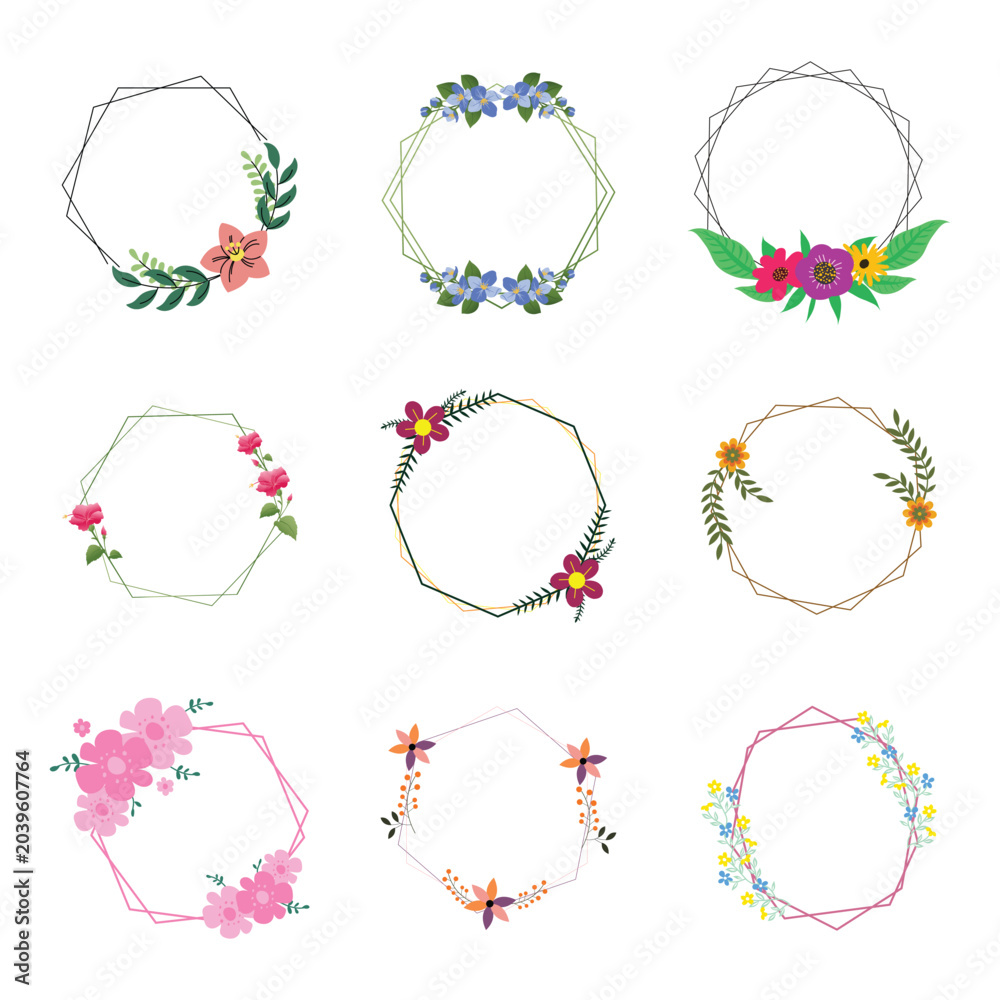 Fototapeta premium Geometric hexagonal floral frames. Flat vector illustration of polygon borders with elegant spring botanical elements.