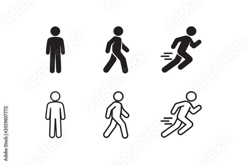 Stance and movement stick figure icons in solid black and thin outline style variations.