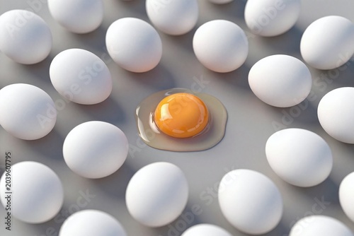 A group of white eggs with a yellow egg in the middle