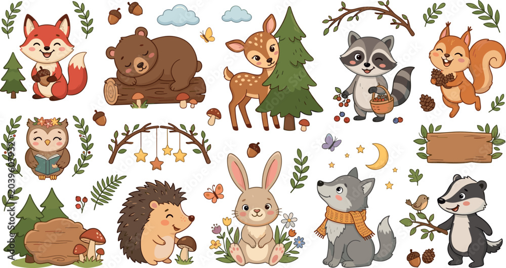 Fototapeta premium Cute cartoon woodland forest animals vector set with autumn nature elements stickers badges icons isolated on white