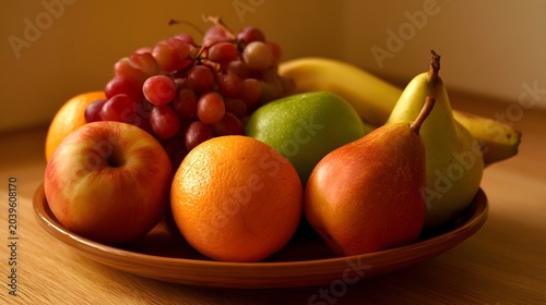 An abundant arrangement of fresh red and green fruits including s pears and grapes displayed on a warm wooden surface