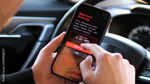 Hacker purchasing illegal services on a mobile darknet marketplace. Sequence shows employee doxing selection and crypto payment confirmation. High-impact footage for cybersecurity threats and digital