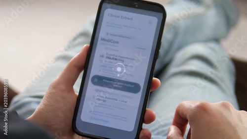 Access your medical history instantly. Patient using a modern healthcare app to request and view a clinical extract. High-quality UI showcasing digital health records for lifestyle and tech projects.