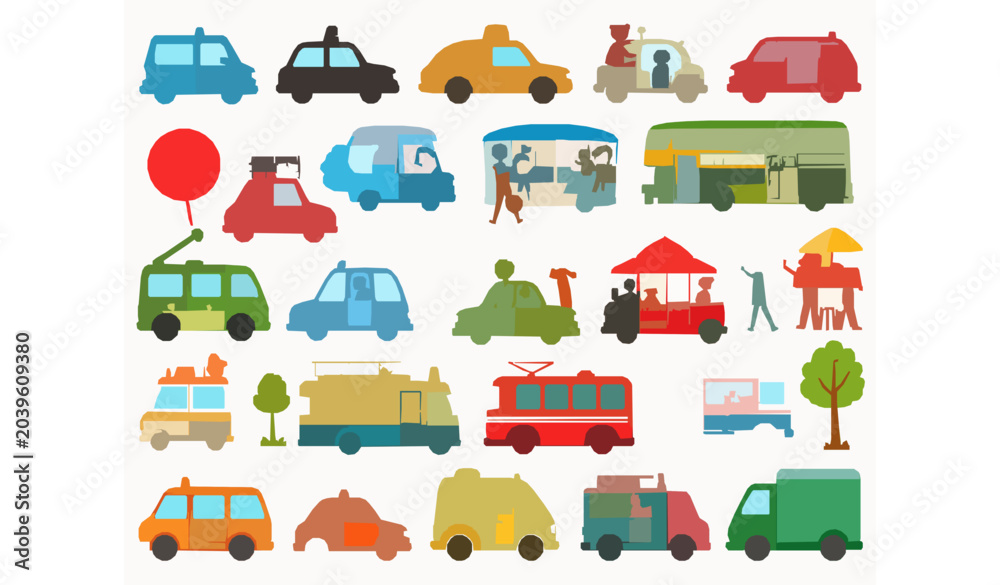 Naklejka premium Bright Cartoon Transport Icons Set with Cute Cars Buses and Emergency Vehicles