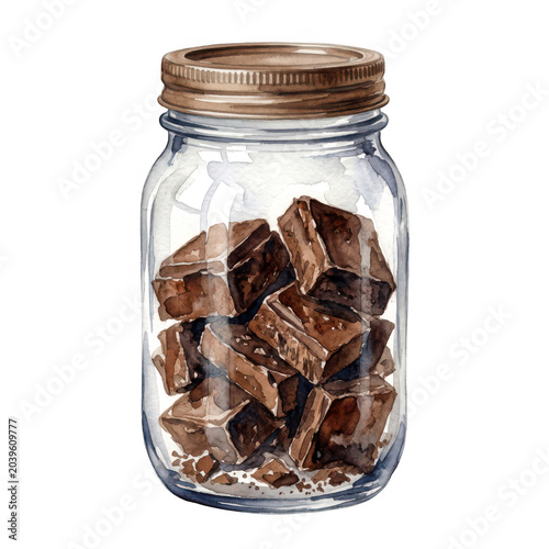 Glass jar filled with dark chocolate chunks watercolor style isolated