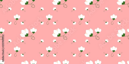 Seamless pattern with white floral elements on a pastel pink background. Cute minimalist botanical graphic for fashion apparel, wrapping paper, and creative scrapbookin