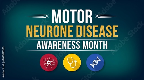Motor neurone disease awareness month informational graphic showing dna cell medical symbols and support text informational graphic design.