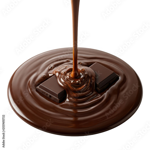 Liquid chocolate pouring onto chocolate pieces on transparent background