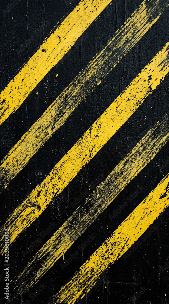 Fototapeta premium Close-up of worn black and yellow diagonal hazard stripes on industrial surface, distressed floor texture, grunge background, caution markings, rugged urban design.