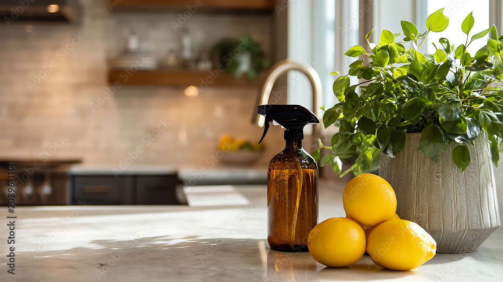 Obraz premium The kitchen counter has a natural spray cleaner in a glass bottle