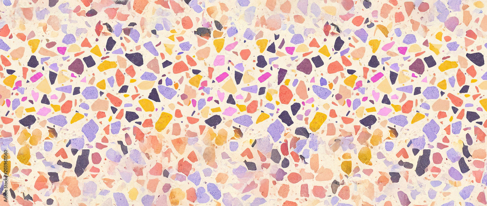 Fototapeta premium Colorful terrazzo pattern with scattered fragments in pink, purple, yellow, and orange, abstract decorative background, modern artistic texture, vibrant mosaic design.