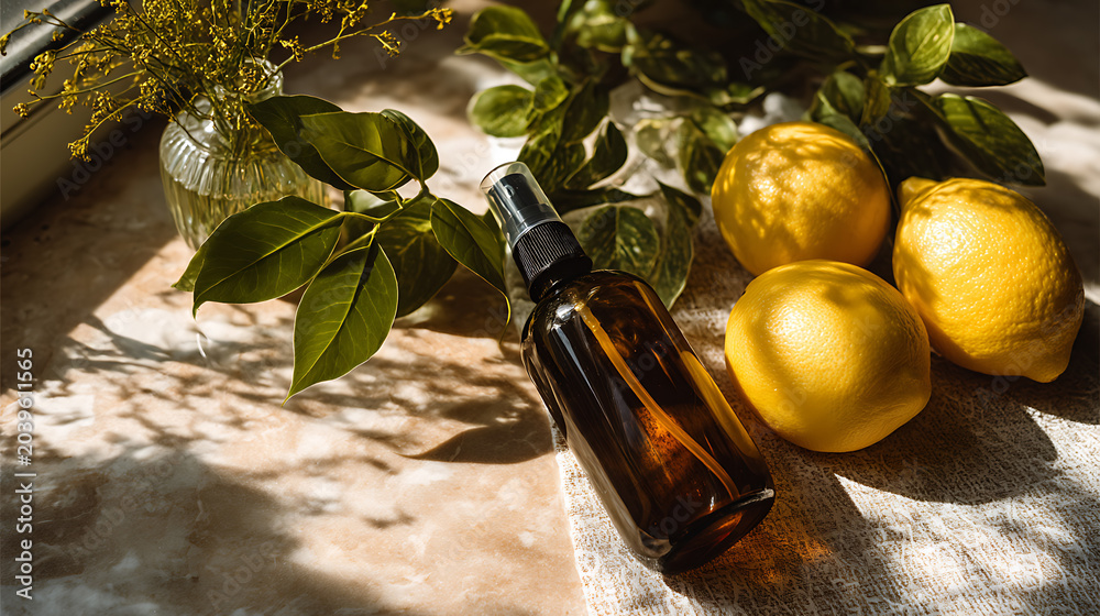 Obraz premium Natural herbal spray bottle, fresh lemon