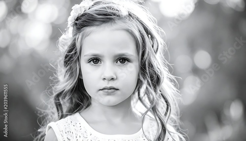 Little girl with curly hair in a black and white portrait, wearing a flower in her hair