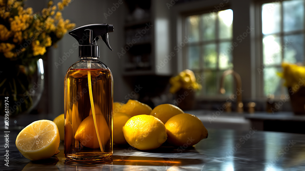 Obraz premium Kitchen, glass spray bottle filled with amber liquid and fresh lemon