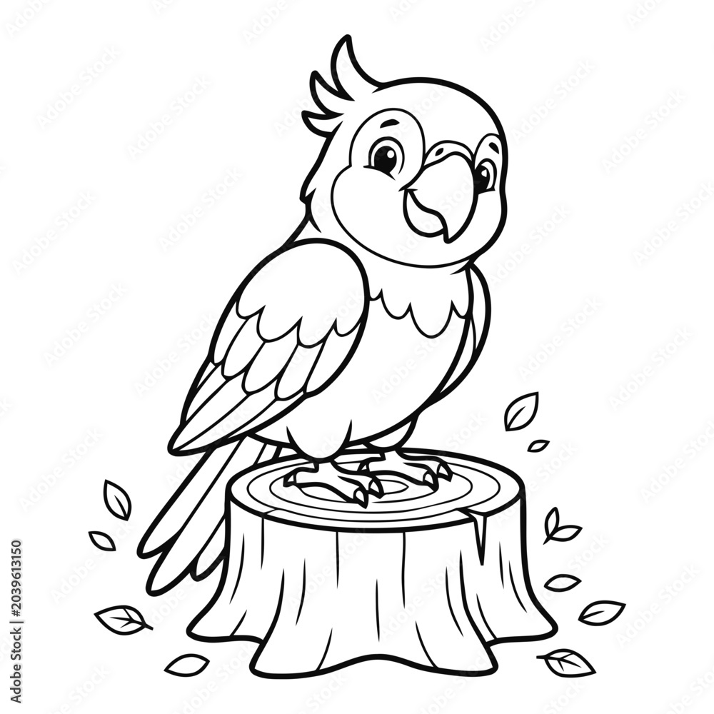 Fototapeta premium Cockatoo Bird Perched on Wooden Stump with Falling Seeds in Minimalist Line Art Style
