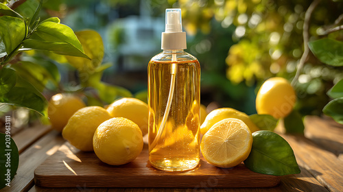 A clear glass spray bottle with a white nozzle, surrounded by lemons