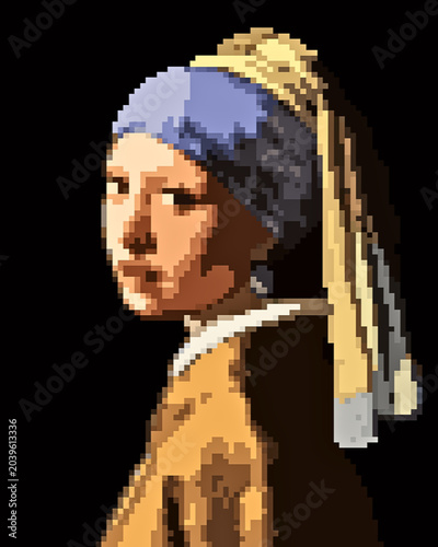 Φωτογραφία Girl With a Pearl Earring Reimagined — 8-Bit Pixel Art Dutch Golden Age, Retro D