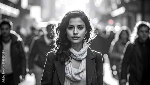 Monochrome portrait of a woman in a bustling city street filled with blurred pedestrians, lit by a bright sun