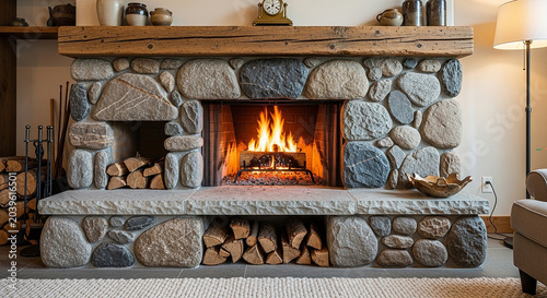 Rustic Stone Fireplace with Glowing Fire and Stacked Wood