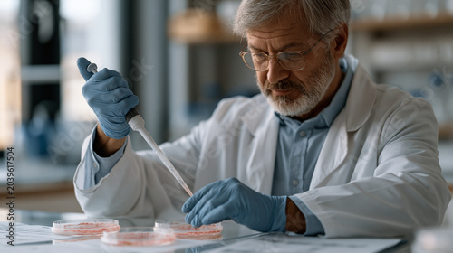Research gerontologist pipetting a fluorescent telomere probe solution onto aged fibroblast cultures, telomere shortening assay underway in a university aging biology lab, longevity research grant d