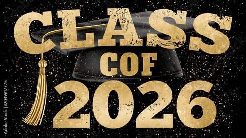 Class of 2026 banner shows a graduation cap and gold words. It's great for senior announcements and party pictures.