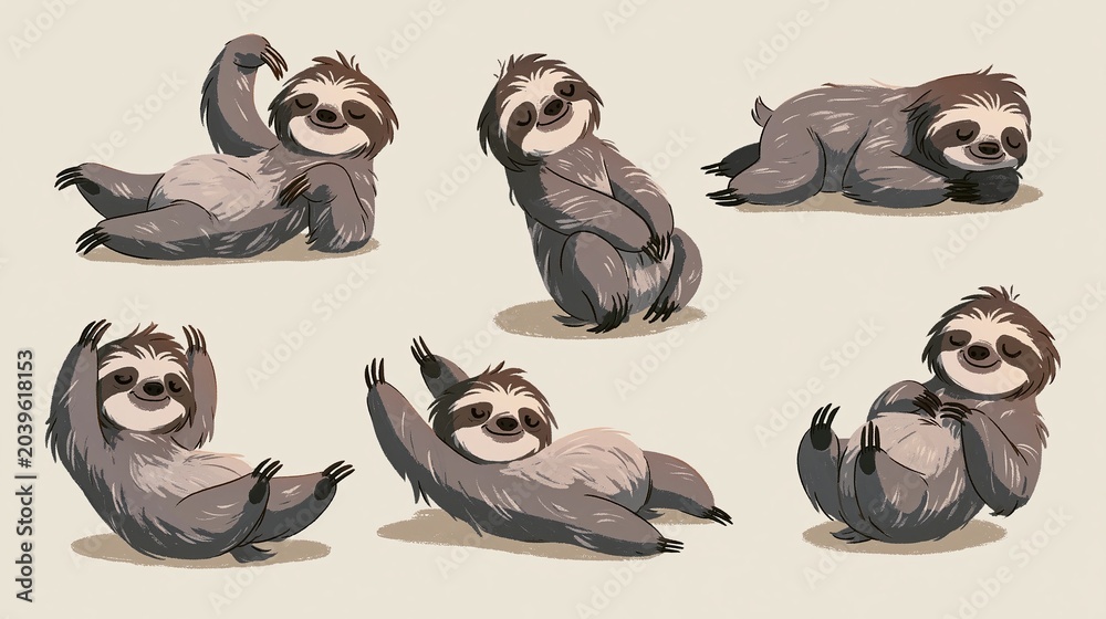 Fototapeta premium Sloths show different poses in a simple drawing.