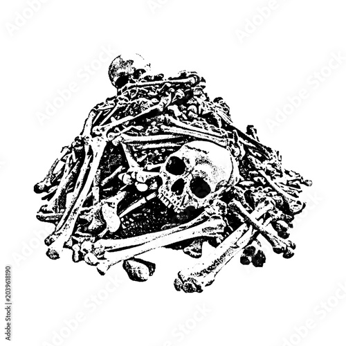 Bild auf Leinwand Antique style engraving of a mound of human skulls and scattered bones with skel