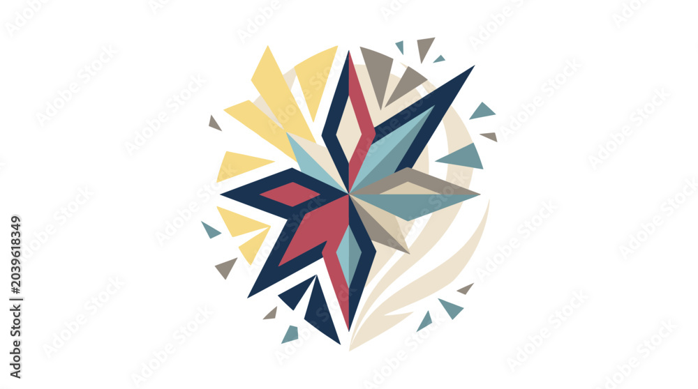 Obraz premium Abstract geometric starburst pattern with colorful shapes and lines.