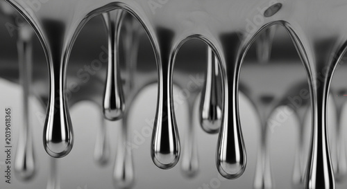 Shiny liquid metal drops in macro view
